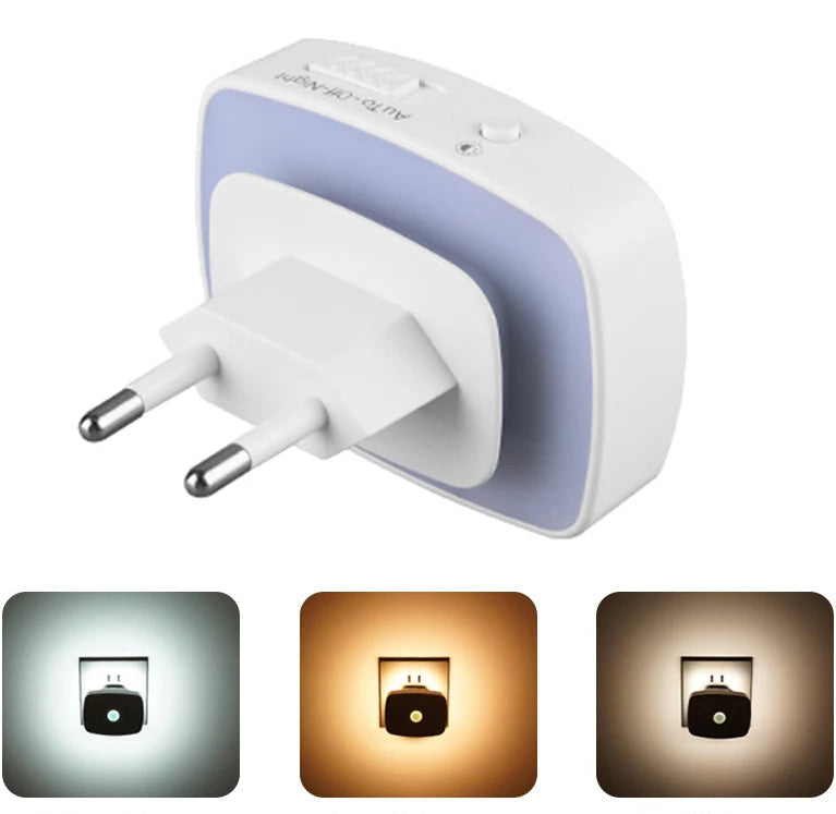 Lampka nocna LED do gniazdka – Czujnik Zmierzchu, 3 Tryby Światła